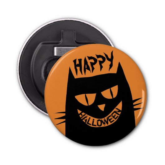 Creepy Halloween Black Cat op Sinaasappel Button Flesopener (Voorkant)