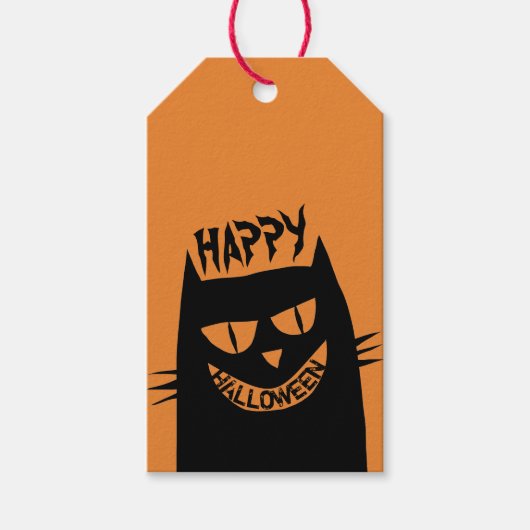 Creepy Halloween Black Cat op Sinaasappel Cadeaulabel (Voorkant)