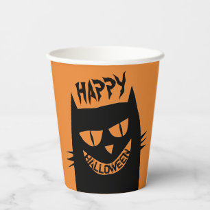 Creepy Halloween Black Cat op Sinaasappel Papieren Bekers