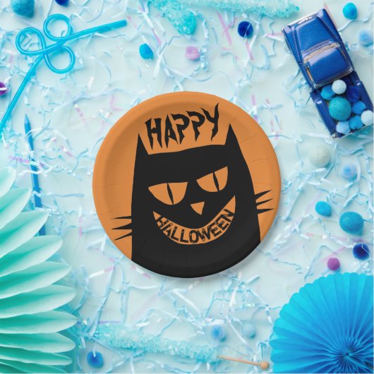 Creepy Halloween Black Cat op Sinaasappel Papieren Bordje (Feest)