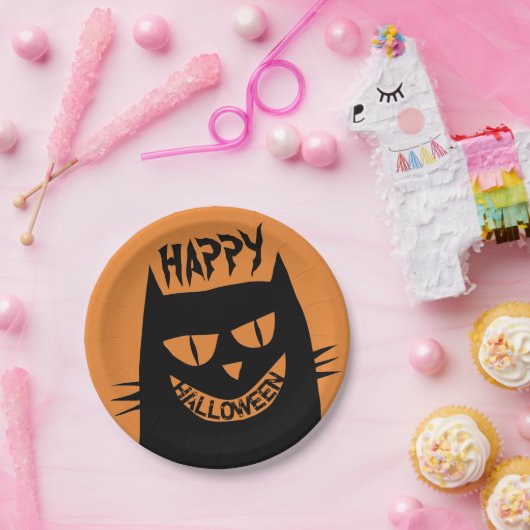 Creepy Halloween Black Cat op Sinaasappel Papieren Bordje (Feest)