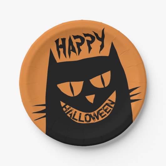Creepy Halloween Black Cat op Sinaasappel Papieren Bordje (Voorkant)