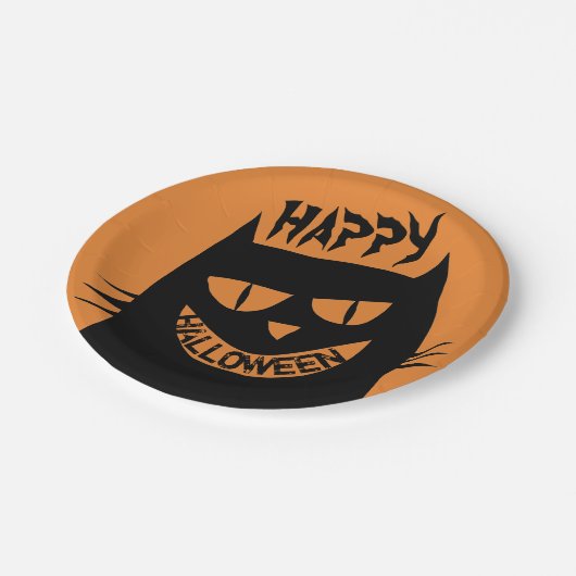 Creepy Halloween Black Cat op Sinaasappel Papieren Bordje (Gekanteld)