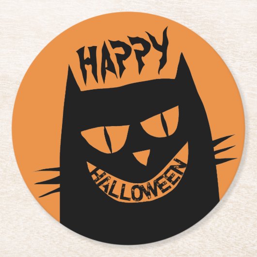 Creepy Halloween Black Cat op Sinaasappel Ronde Kartonnen Onderzetter (Voorkant)