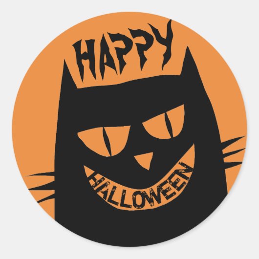 Creepy Halloween Black Cat op Sinaasappel Ronde Sticker (Voorkant)