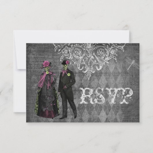 Creepy Halloween Bride & Groom RSVP Wedding Kaartje (Voorkant)