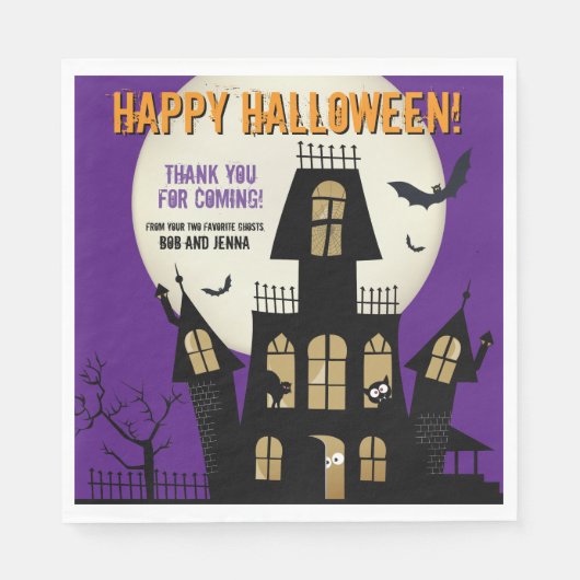 Creepy Halloween Haunted House Flying Bats Purple Servet (Voorkant)