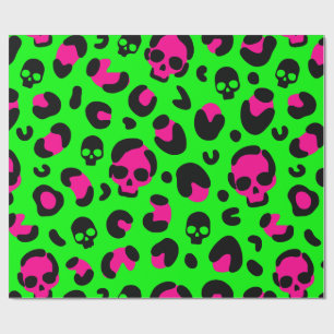 Creepy Halloween Leopard Skull Roze Groen punk Cadeaupapier