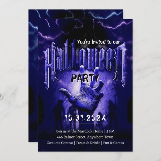 Creepy Halloween Party Zombies Blue Scary Night Kaart (Voorkant / Achterkant)