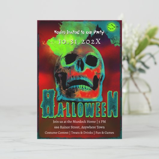 Creepy Halloween Party Zombies Neon Scary Skull Kaart (Staand voorkant)