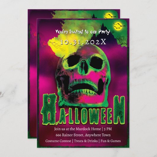 Creepy Halloween Party Zombies Neon Scary Skull Kaart (Voorkant / Achterkant)