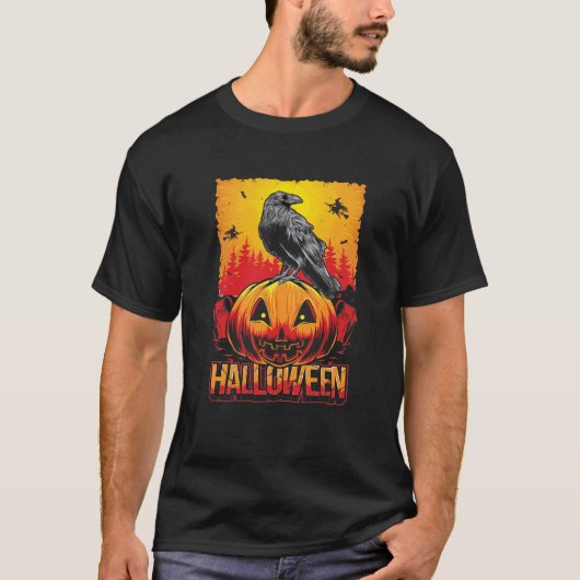 Creepy Halloween Pumpkin Head met Crow T-shirt (Voorkant)