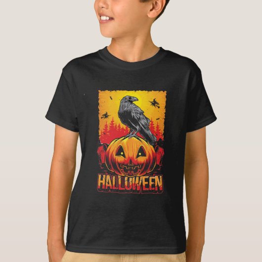 Creepy Halloween Pumpkin Head met Crow T-shirt (Voorkant)