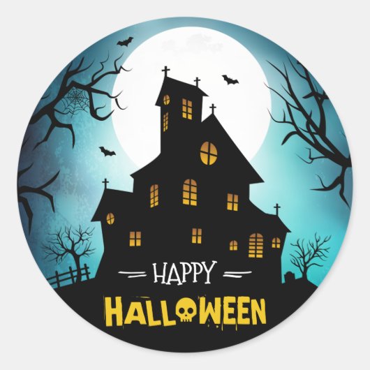 Creepy Haunted House Blue Sky Moon Happy Halloween Ronde Sticker (Voorkant)