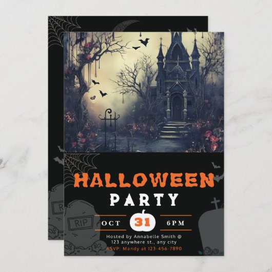 Creepy Haunted House en Bats Black Halloween Kaart (Voorkant / Achterkant)