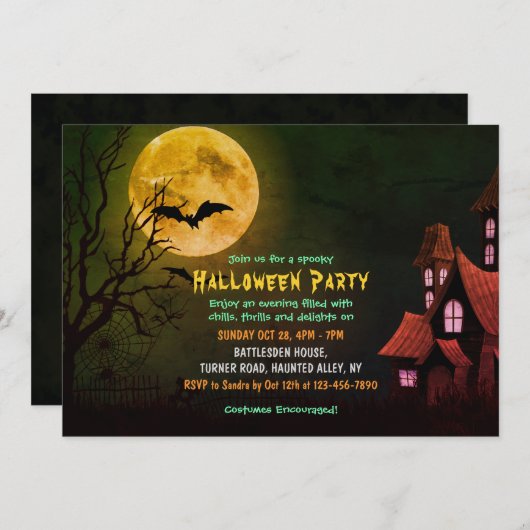 Creepy Haunted House en Bats Graveyard Halloween Kaart (Voorkant / Achterkant)