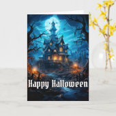 Creepy Haunted House Happy Halloween Kaart (Gele Bloem)