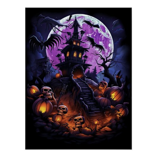 Creepy Haunted House Paarse Halloween Party Perfect Poster (Voorkant)
