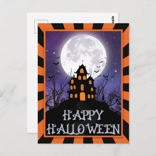 Creepy Haunted House Pumpkins Bats Happy Halloween Briefkaart (Voorkant / Achterkant)