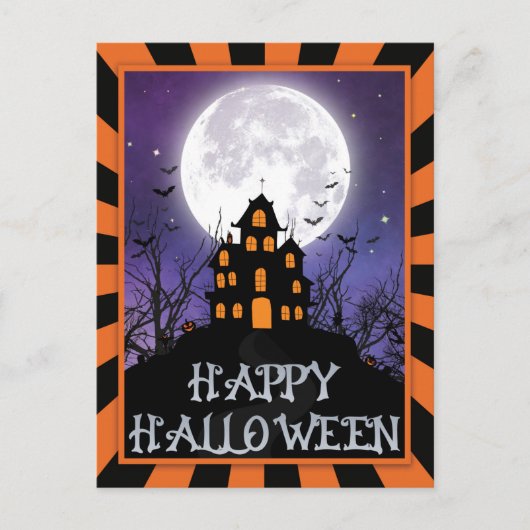Creepy Haunted House Pumpkins Bats Happy Halloween Briefkaart (Voorkant)