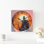 Creepy Haunted House Roman Numeral Vierkante Klok (Huis)