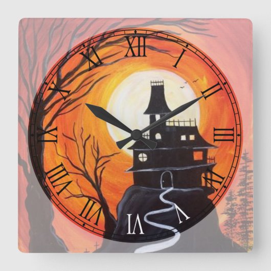 Creepy Haunted House Roman Numeral Vierkante Klok (Voorkant)