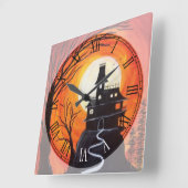 Creepy Haunted House Roman Numeral Vierkante Klok (Hoek)