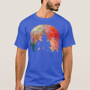 Creepy Haunted House & Spooky Waterverf Full Moon T-shirt