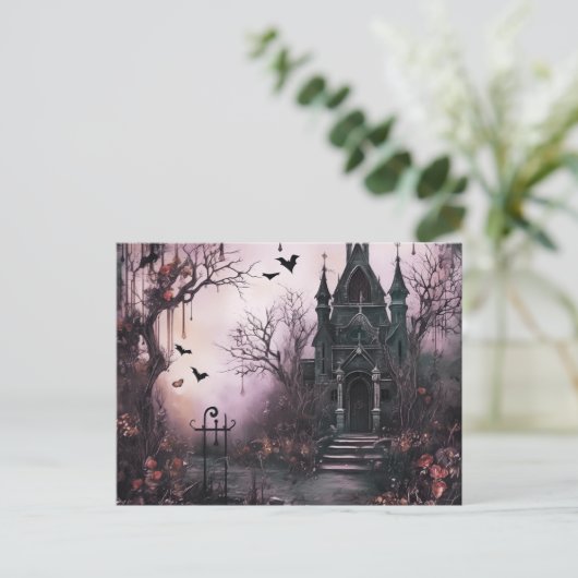 Creepy Haunted House Trees and Bats Halloween Feestdagenkaart (Staand voorkant)