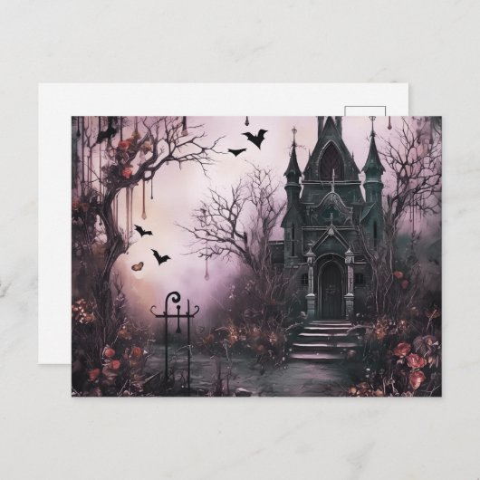 Creepy Haunted House Trees and Bats Halloween Feestdagenkaart (Voorkant / Achterkant)