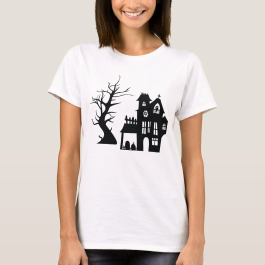 Creepy Haunted House Zwart Gotisch Ontwerp Hallowe T-shirt (Voorkant)