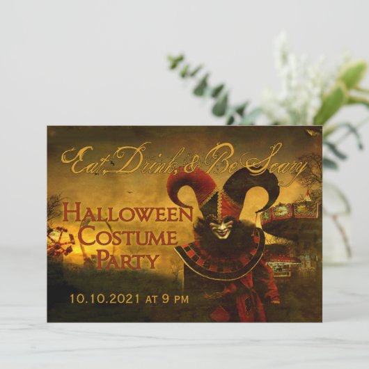 Creepy Jester Carnival Halloween Invitation Kaart (Staand voorkant)