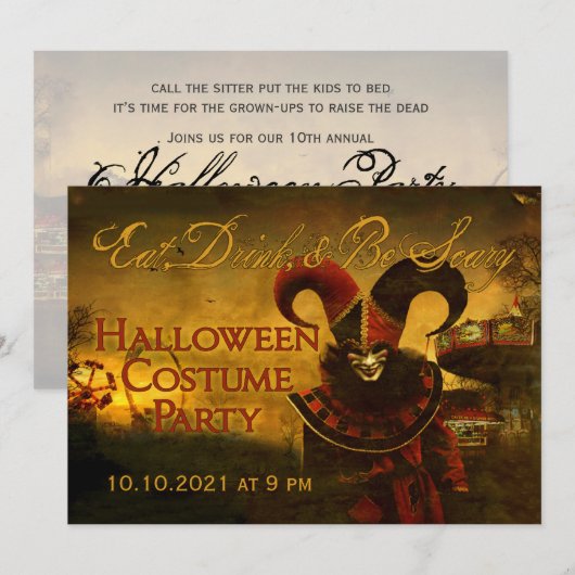 Creepy Jester Carnival Halloween Invitation Kaart (Voorkant / Achterkant)