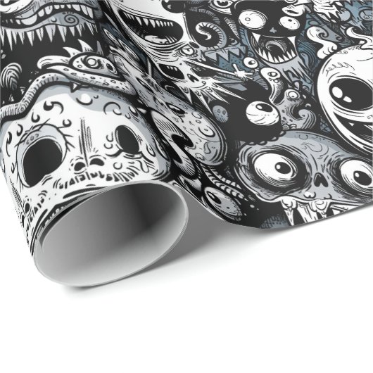 Creepy Monsters Zwart-wit Halloween Cadeaupapier (Rol Hoek)