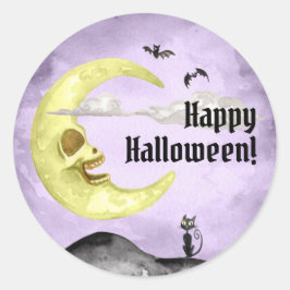 Creepy Moon Bats Black Cat Happy Halloween Paarse Ronde Sticker