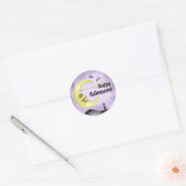 Creepy Moon Bats Black Cat Happy Halloween Paarse Ronde Sticker (Envelop)
