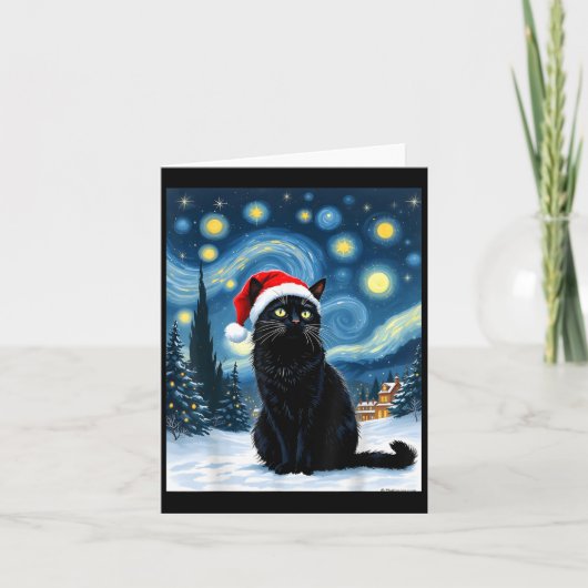 Creepy Night Black Meow in Santa Hat Kerst Mannen Kaart (Voorkant)