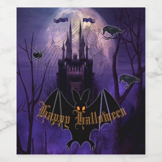 Creepy Paars Haunted Castle Halloween Wijn Etiket (Enkel label)