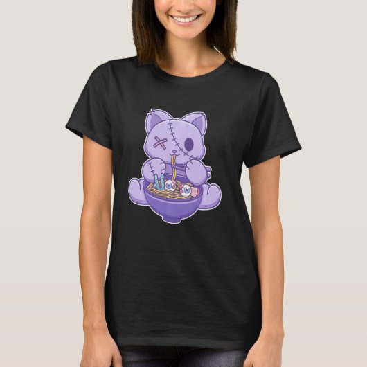 Creepy Pastel Gothic Cat Eten Halloween Ramen Nood T-shirt (Voorkant)