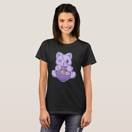 Creepy Pastel Gothic Cat Eten Halloween Ramen Nood T-shirt (Voorkant volledig)