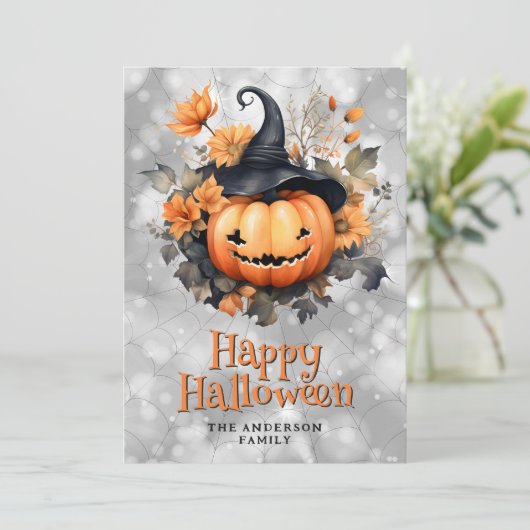 Creepy pompoen in een zwart Pet Happy Halloween Ka Feestdagenkaart (Staand voorkant)