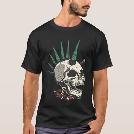 Creepy Punk Skeleton With Stake In Skull T-shirt (Voorkant)