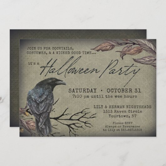 Creepy  Raven Spooky Halloween Invitation Kaart (Voorkant / Achterkant)