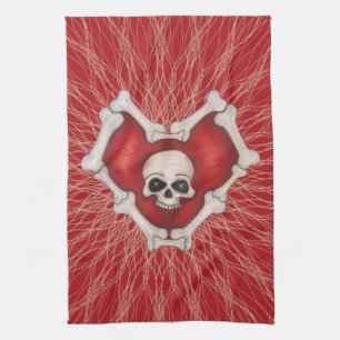 Creepy Red Heart met witte Botten Theedoek