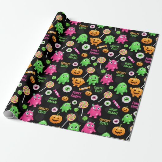 "Creepy Schattige" Monsters en Halloween Fun Seaml Cadeaupapier (Uitgerold)