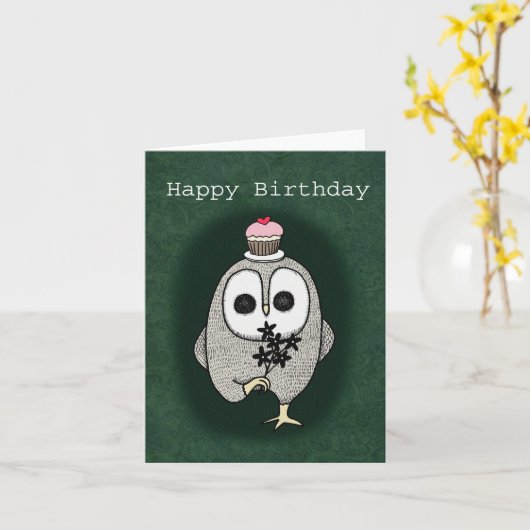 Creepy Schattigee Gothic Uil Weird Happy Birthday Kaart (Gele Bloem)