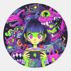 Creepy Schattigee Horror Anime Gamer Girl Ronde Sticker