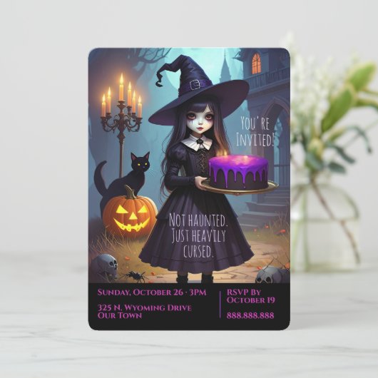 Creepy Schattigee, Paarse heks Halloween Party, Kaart (Staand voorkant)