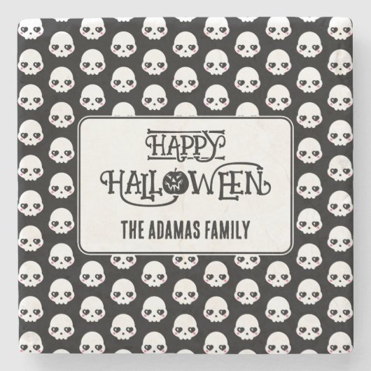 Creepy Schattigee schedels met achternaam Stenen Onderzetter (Voorkant)