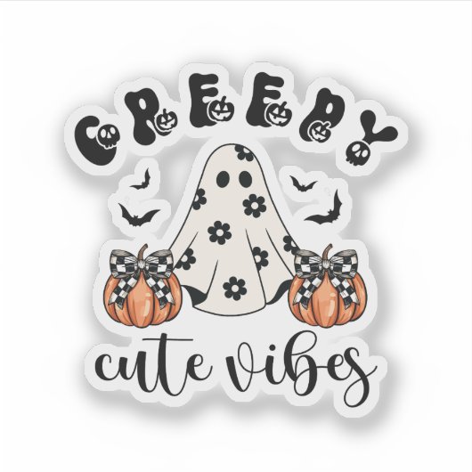 Creepy Schattigee Vibes Retro Ghost & Pumpkin Coqu Sticker (Voorkant)
